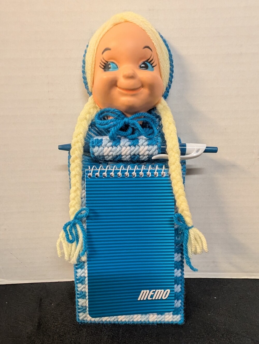 Vintage Handmade Handcradted Doll    Face Wall Hanging Notepad And  Pen Holder
